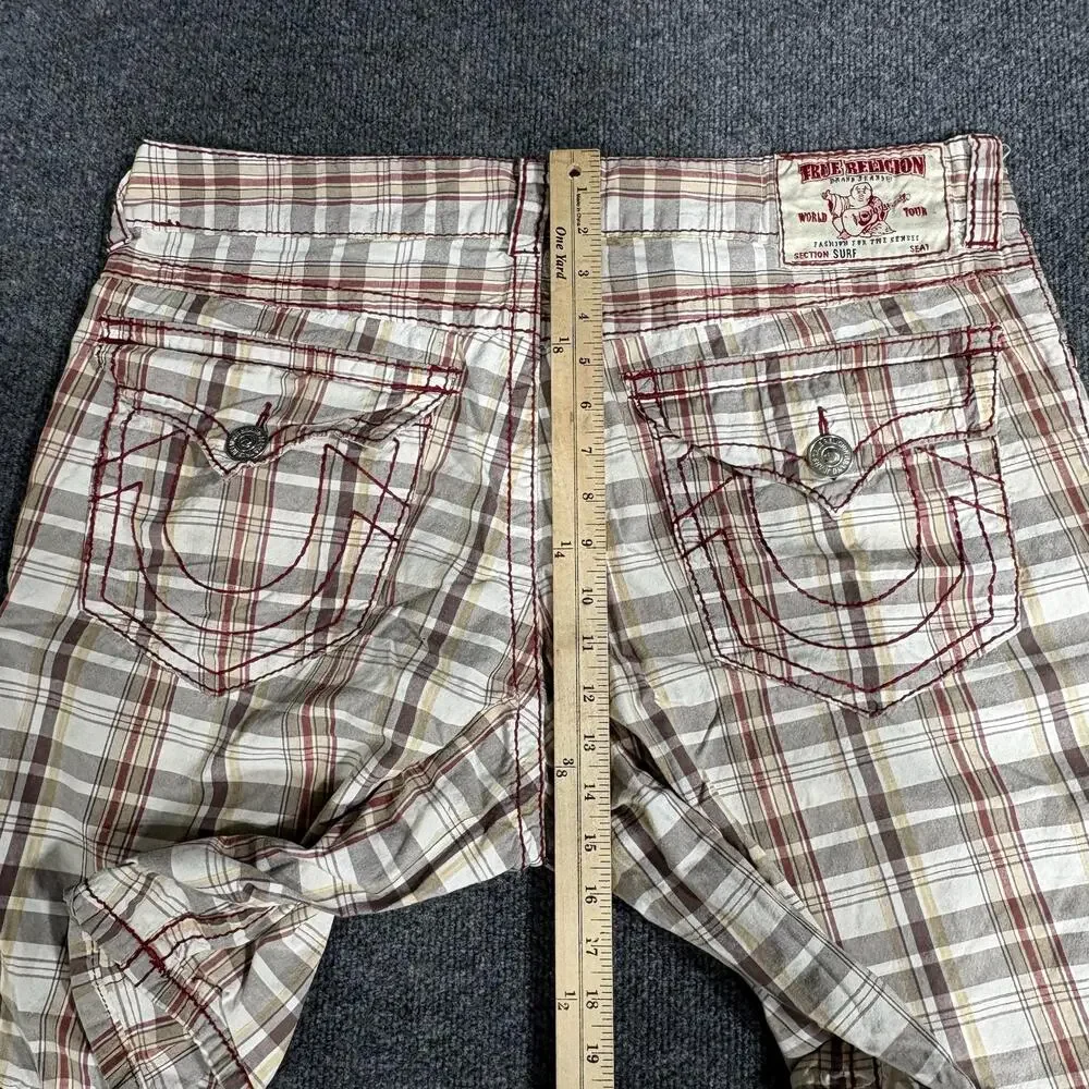 True Religion Swim Shorts Mens 40 Beige Plaid Cotton Twill Swimwear Pockets